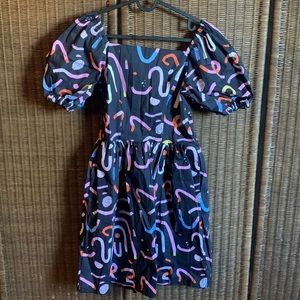 Nooworks mini dress with fun pattern, puffy sleeves, and pockets size L